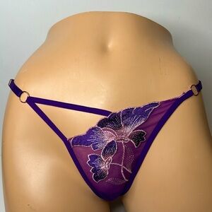 Orchid Embroidered Sheer Mesh Cut Out Adjustable Satin G-String‎ Thong Panty NEW